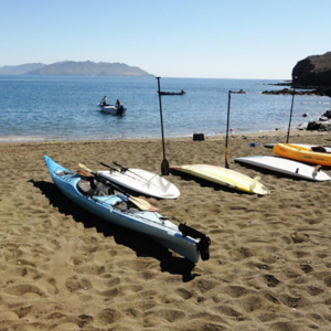 Kayaks and SUP at whale camp, Mag Bay Mexico